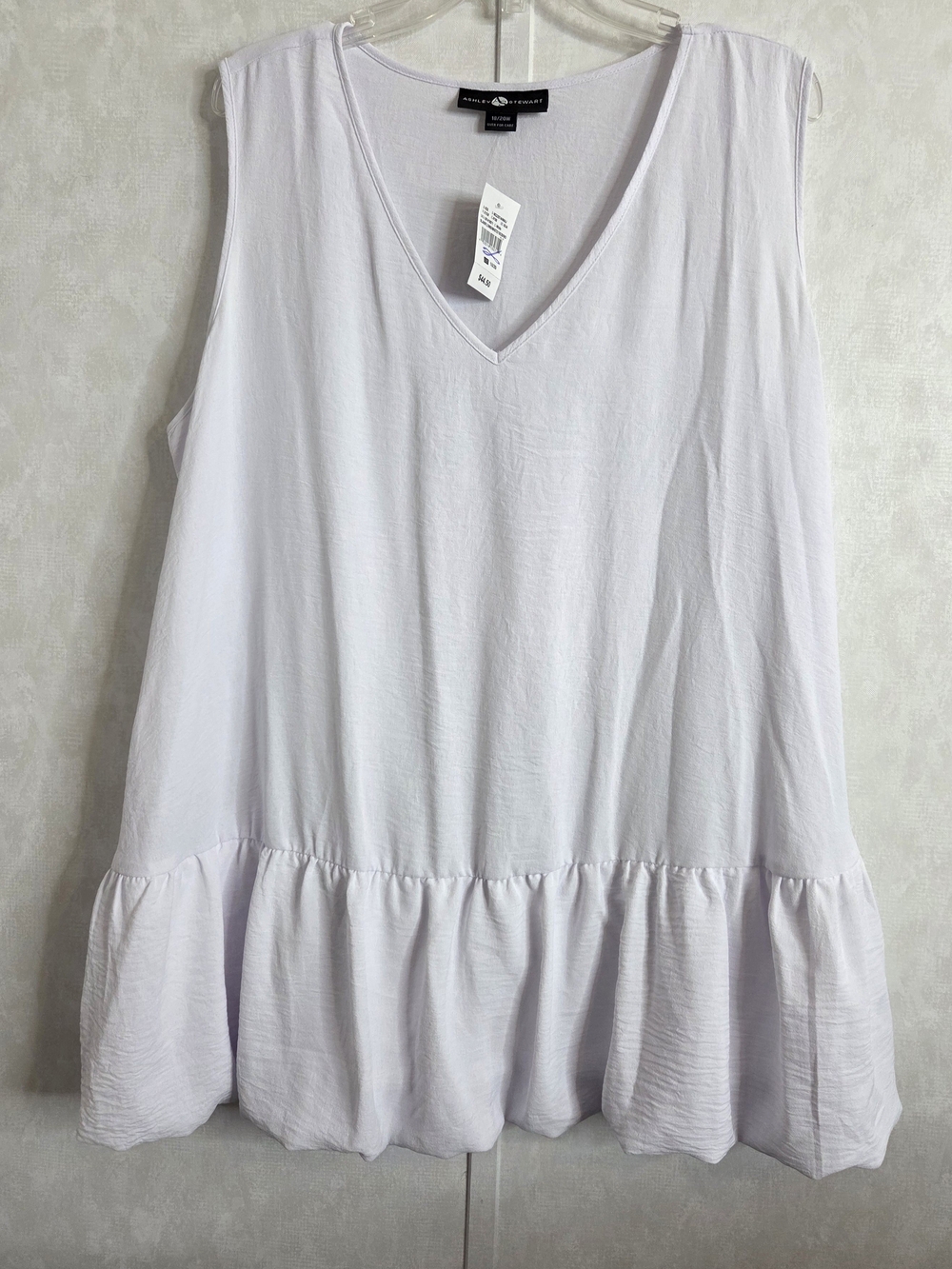 Ashley Stewart White V-Neck Ruffle Hem Sleeveless Tunic Top Size 18 / 20 W New